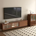 Brown TV Stand With Storage Drawers Glass Doors Side Cabinet Table Lamp And Checkered Rug