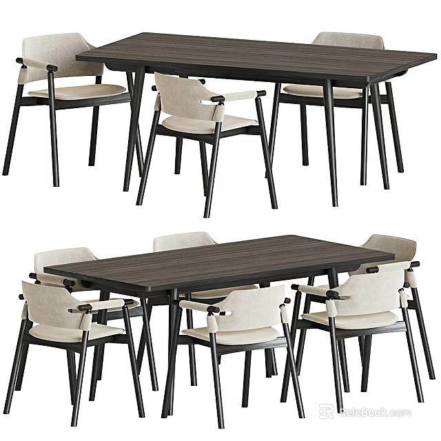 Modern Wooden Dining Table Set With Light Colored Chairs And Simple Design 3d model