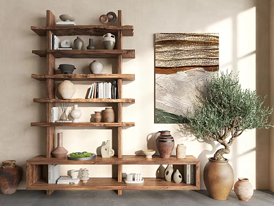 Rustic Wooden Shelving Unit Displaying Vases Books And Decor With Wall Art And Olive Tree 3d model