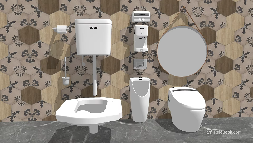 Bathroom Fixture Set With Toilet Squat Toilet Urinal Round Mirror And Wall Accessories 3d model 