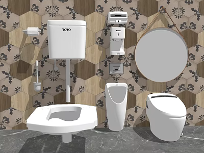 Bathroom Fixture Set With Toilet Squat Toilet Urinal Round Mirror And Wall Accessories 3d model