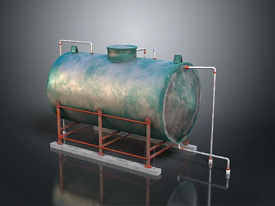 Rustic Industrial Cylindrical Metal Storage Tank With Support Stand And Pipes 3d model