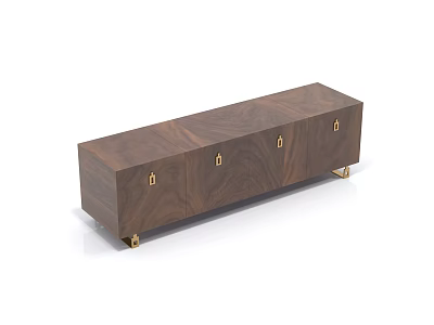 Brown Wooden TV Stand With Four Drawers Metal Locks And Golden Legs 3d model