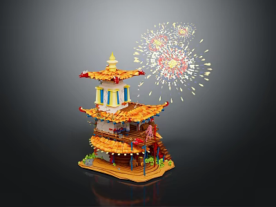 Traditional Chinese Multi story Pagoda With Yellow Roof Red Decorations And Fireworks 3d model