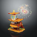 Traditional Chinese Multi story Pagoda With Yellow Roof Red Decorations And Fireworks