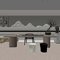 Modern Tea Room Interior With Long Tea Table Mountain Landscape Backdrop Tea Sets And Bookshelves