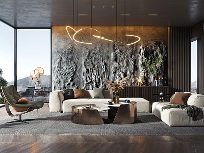 Modern Living Room Interior With Textured Wall Circular Pendant Lights White Sofas And Green Plants 3d model