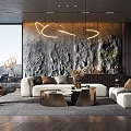 Modern Living Room Interior With Textured Wall Circular Pendant Lights White Sofas And Green Plants