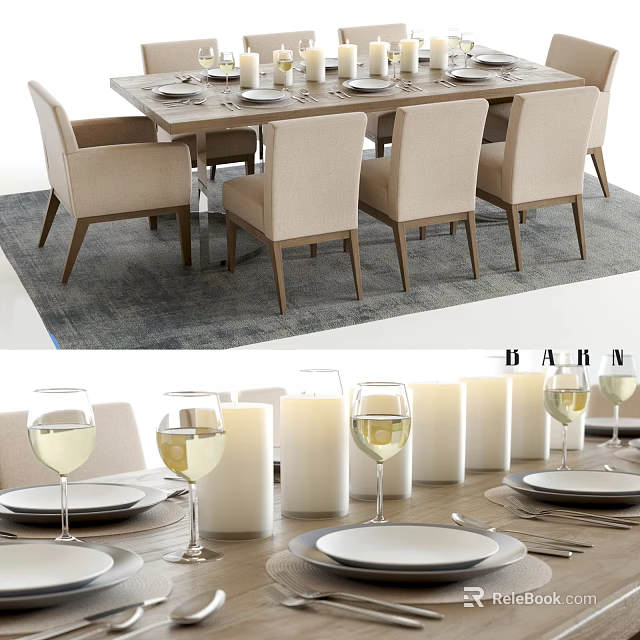 Modern Dining Table Set With Beige Chairs Tableware Candles And Wine Glasses 3d model