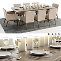 Modern Dining Table Set With Beige Chairs Tableware Candles And Wine Glasses 3d model