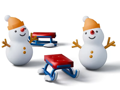 Snowman Sculpture with Orange Hat Red Nose Yellow Buttons Outstretched Arms Red Bench Blue Legs 3d model