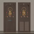 Elegant Wooden Buddhist Shrine Cabinet With Golden Buddha Statue Halo Red Candles And Fruit Plates
