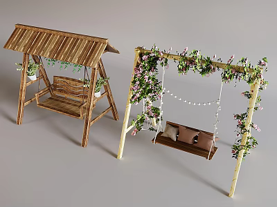 Wooden Outdoor Swing Chairs With Green Plants Flowers String Lights And Cushions 3d model