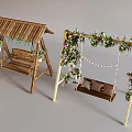 Wooden Outdoor Swing Chairs With Green Plants Flowers String Lights And Cushions
