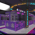 Modern Mall Interior With Purple Neon Lights Vending Machines And Shops Decoration