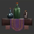 Green Blue Brown Wine Bottles and Glasses on Wooden Table With Purple Yellow Striped Cloth