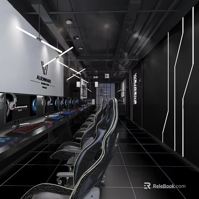 Modern Cyber Cafe Interior With Ergonomic Gaming Chairs High Performance Computers And LED Lighting 3d model 