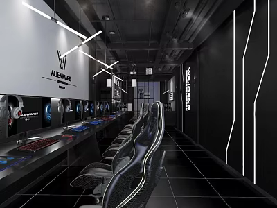 Modern Cyber Cafe Interior With Ergonomic Gaming Chairs High Performance Computers And LED Lighting 3d model