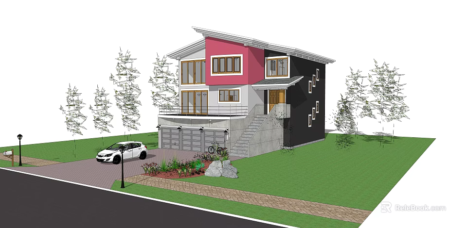 Modern Detached House Exterior Design With Pink Black Walls Large Windows And Front Lawn 3d model 