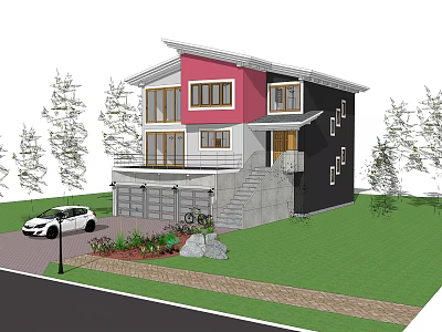 Modern Detached House Exterior Design With Pink Black Walls Large Windows And Front Lawn 3d model