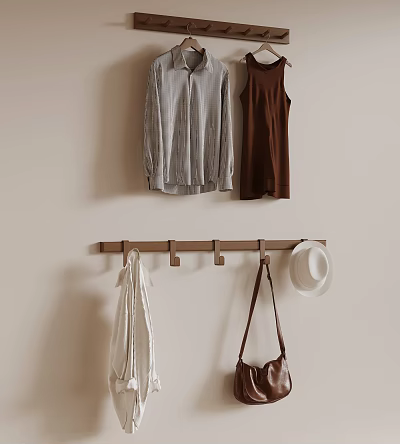Wall Mounted Clothes Hanging Rack With Garments Hat And Leather Bag 3d model