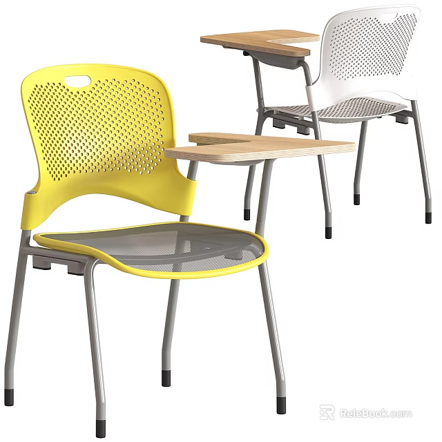 Ergonomic Yellow Mesh Office Chair With Attached Small Desk And Metal Legs Design 3d model 