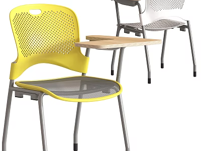 Ergonomic Yellow Mesh Office Chair With Attached Small Desk And Metal Legs Design 3d model