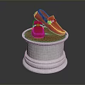 Red Loafers with Metallic Accents Displayed on White Pedestal with Wooden Top