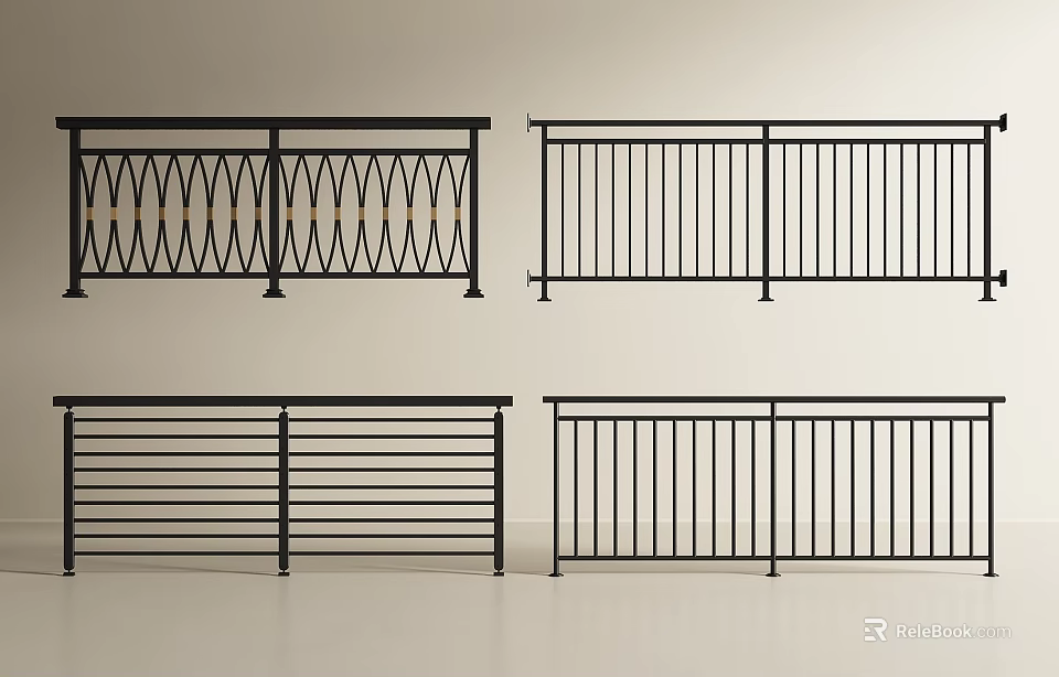 Various Black Metal Railings with Ornate Patterns and Straight Bar Designs 3d model 