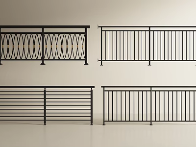Various Black Metal Railings with Ornate Patterns and Straight Bar Designs 3d model