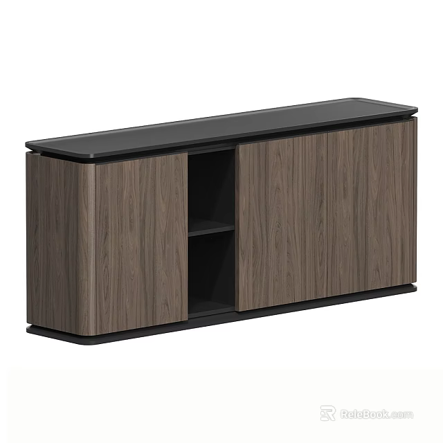 Modern Walnut TV Stand With Black Top Surface Cabinet Doors And Open Shelves 3d model 