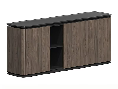 Modern Walnut TV Stand With Black Top Surface Cabinet Doors And Open Shelves 3d model