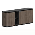 Modern Walnut TV Stand With Black Top Surface Cabinet Doors And Open Shelves