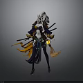 Anime Style Woman With White Long Hair Fox Tails Swords And Purple Orange Outfit
