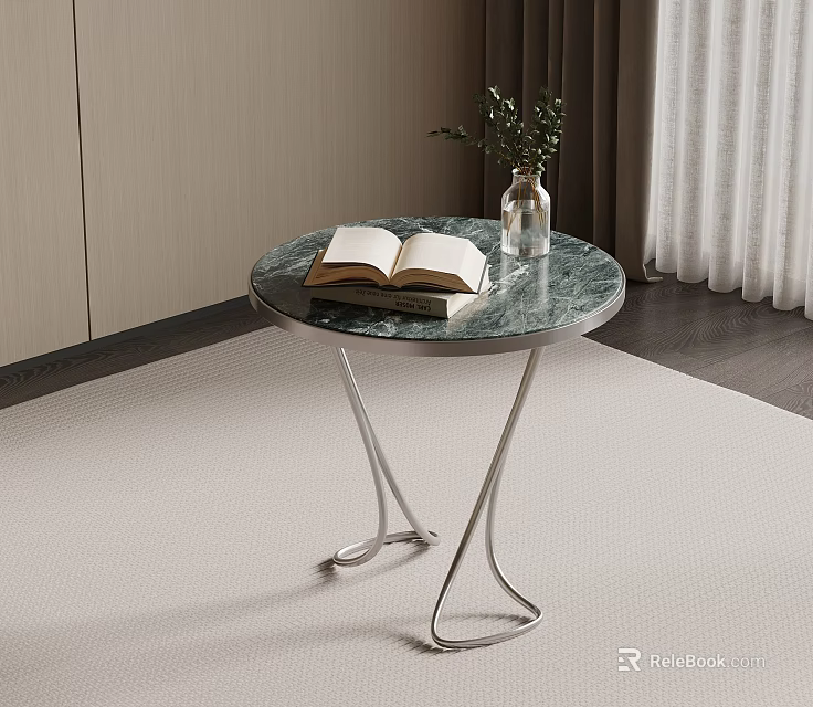 Modern Round Marble Top Side Table With Metal Legs Open Book Vase And Green Plant 3d model 