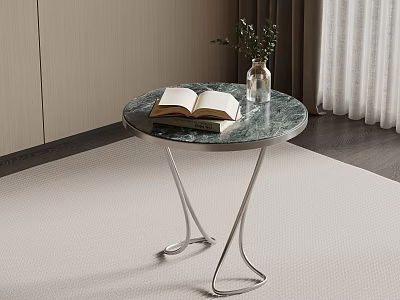 Modern Round Marble Top Side Table With Metal Legs Open Book Vase And Green Plant 3d model