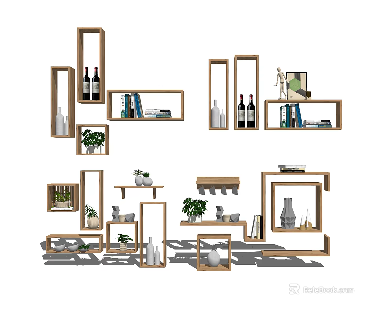 Stylish Wooden Wall Hanging Cabinets With Plants Books Vases And Wine Bottles 3d model 