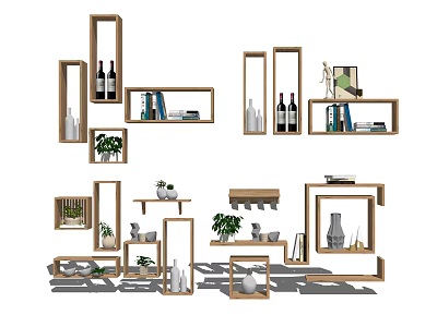 Stylish Wooden Wall Hanging Cabinets With Plants Books Vases And Wine Bottles 3d model