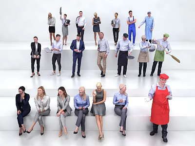 Diverse Group of People Standing on Steps with Business Suits Chef Uniforms and Aprons 3d model
