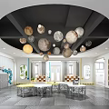 Modern School Activity Center Interior With Circular Ceiling Hanging Lights And Student Artwork 3d model
