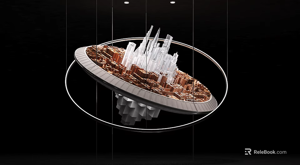 Suspended Circular Commercial Display Equipment With City Like Architecture And Brown Base 3d model 