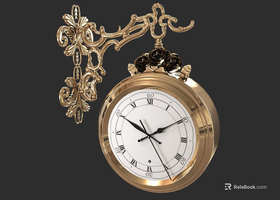 Elegant Golden Ornate Wall Clock With Roman Numerals And Decorative Bracket 3d model 