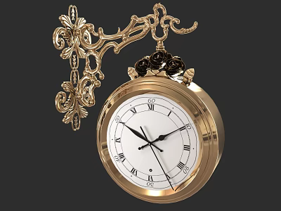 Elegant Golden Ornate Wall Clock With Roman Numerals And Decorative Bracket 3d model