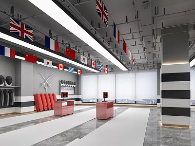 Modern Lounge Area With International Flags Red Sofas Pink Tables And White Blinds 3d model