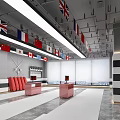Modern Lounge Area With International Flags Red Sofas Pink Tables And White Blinds