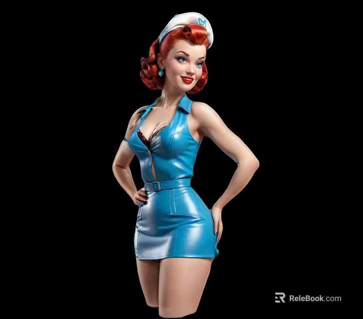 Stylish Female Character With Red Curly Hair White Headband And Blue Tight Dress Posing 3d model 