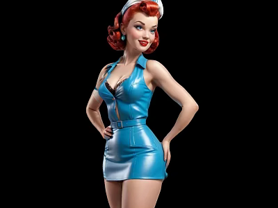 Stylish Female Character With Red Curly Hair White Headband And Blue Tight Dress Posing 3d model