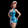 Stylish Female Character With Red Curly Hair White Headband And Blue Tight Dress Posing