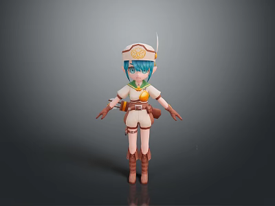 Anime Style Character With Blue Hair White Hat And Brown Boots Standing 3d model