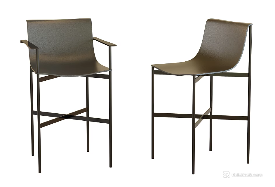 Two Modern Bar Stools With Leather Seats And Black Metal Cross Frames 3d model
